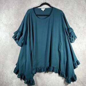 Oddi Top Womens One Size Blue Ruffle Trim Asymmetrical Oversized Fit Boho